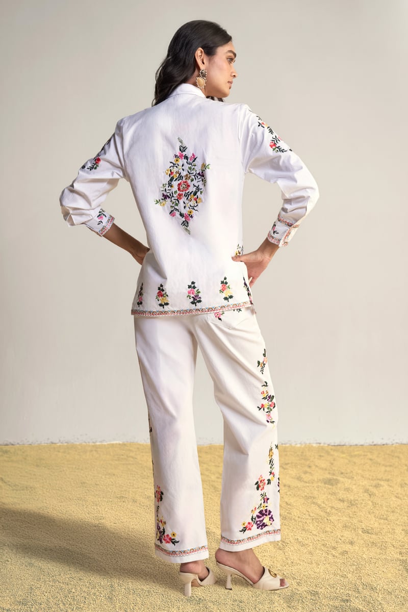 Placement Floral Embroidered Poplin Pant Set