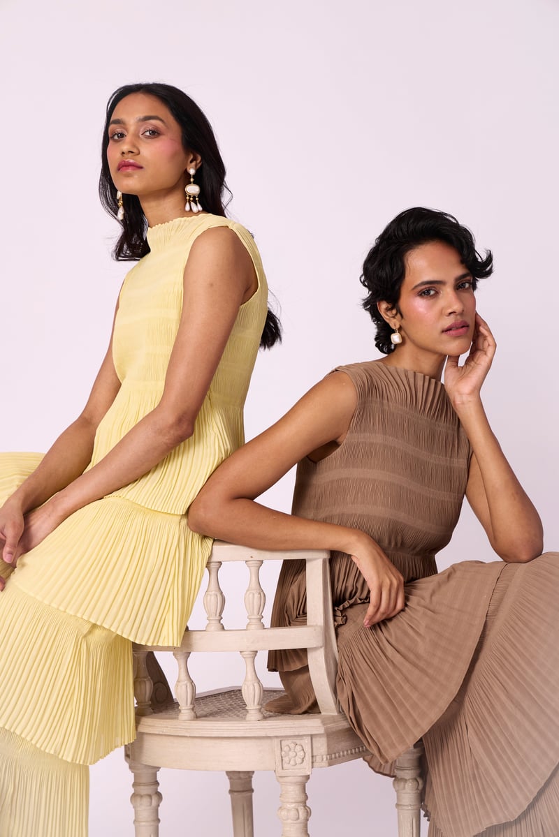 Taupe Tiered Pleated Chiffon Maxi Dress
