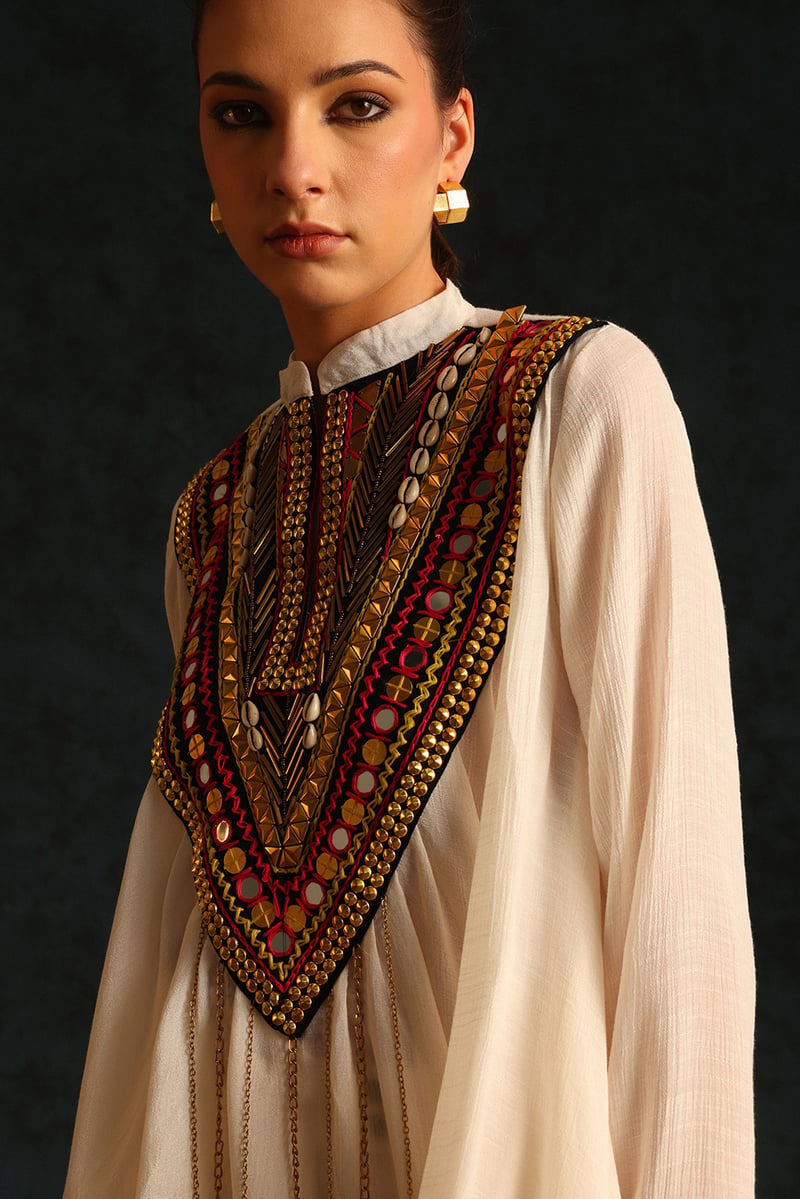 Off-White Embellished Yoke Top and Draped Skirt Co-ord Set