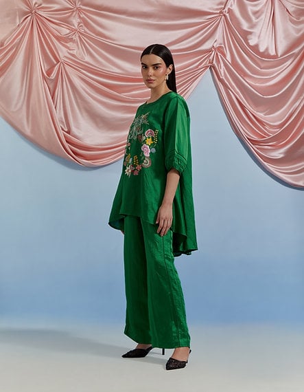 Forest Green Linen Satin Embroidered Top and Trouser Co-ord Set