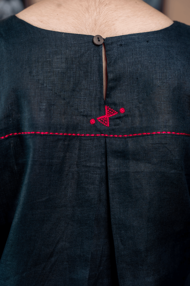 Black Linen Straight Kurta Set with Contrast Embroidery