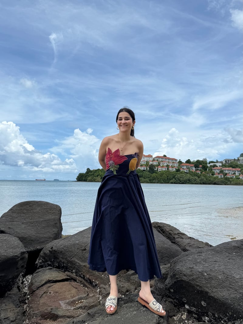 Navy Off-Shoulder Cotton Midi Dress with Floral Applique