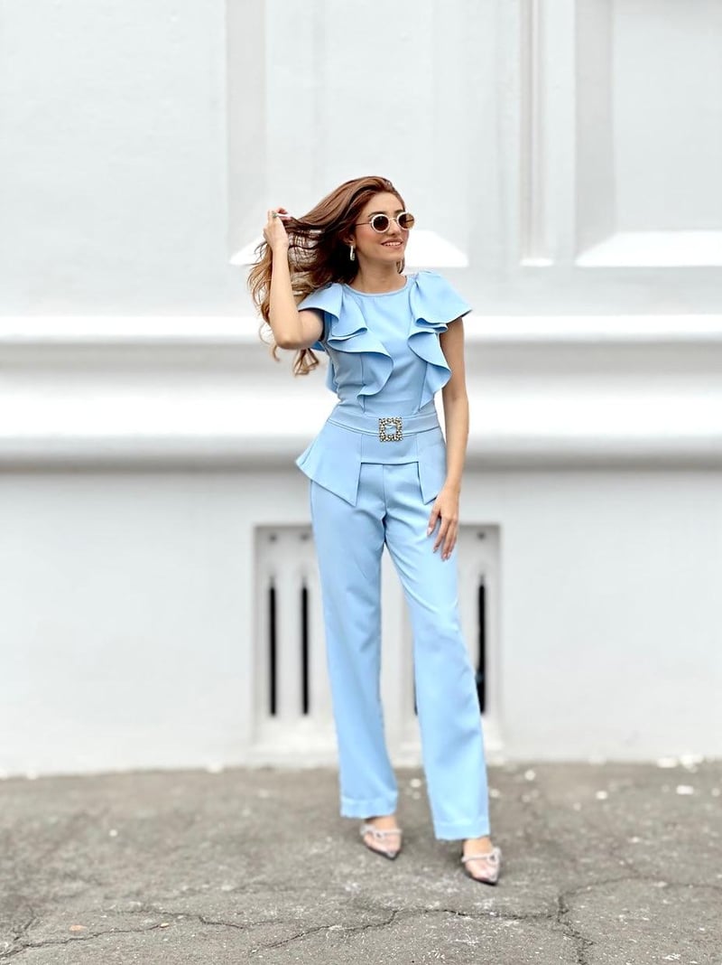 Ice Blue Ruffle Peplum Co-ord Set with Straight Pants