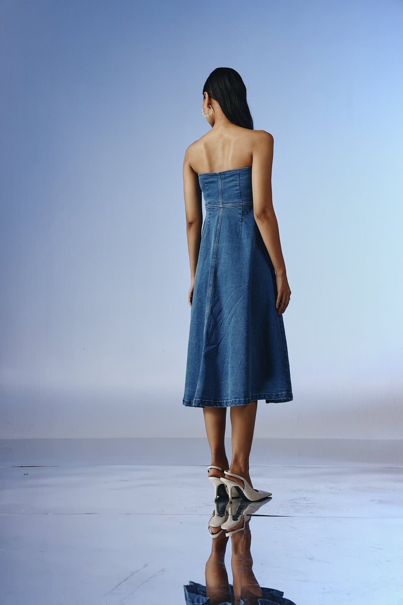 Deep Blue Wash Strapless Denim Fit and Flare Midi Dress