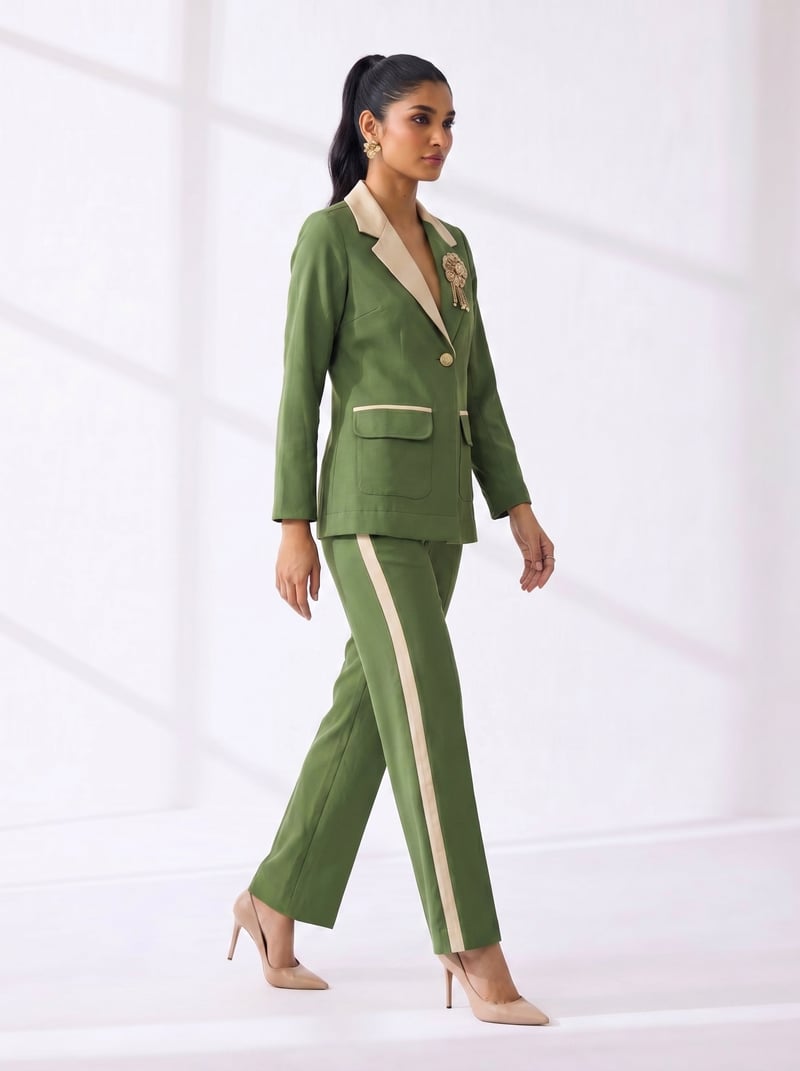 Olive Green Blazer and Wide-Leg Pants Co-ord Set