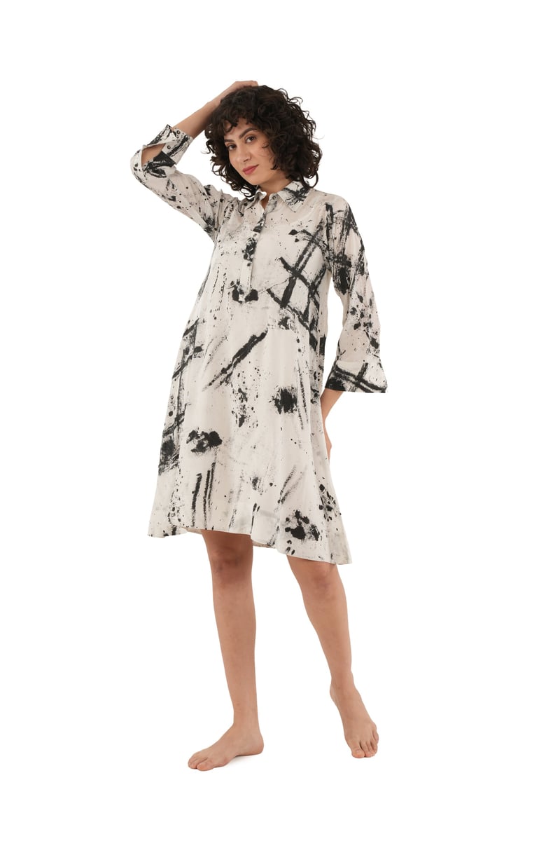 White/Black Silk Abstract Printed Longline Shirt