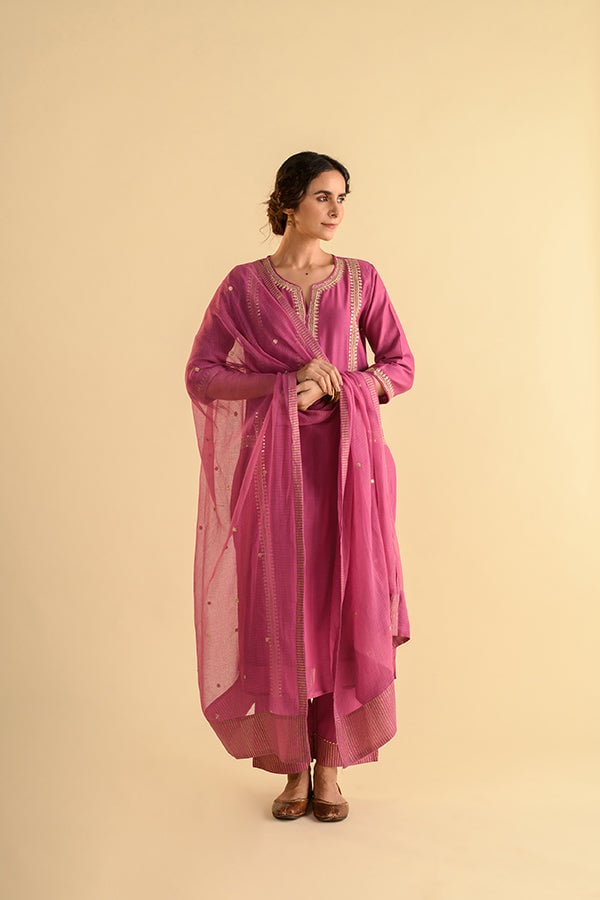 Pink Purple Gota Work Chanderi Straight Suit Set