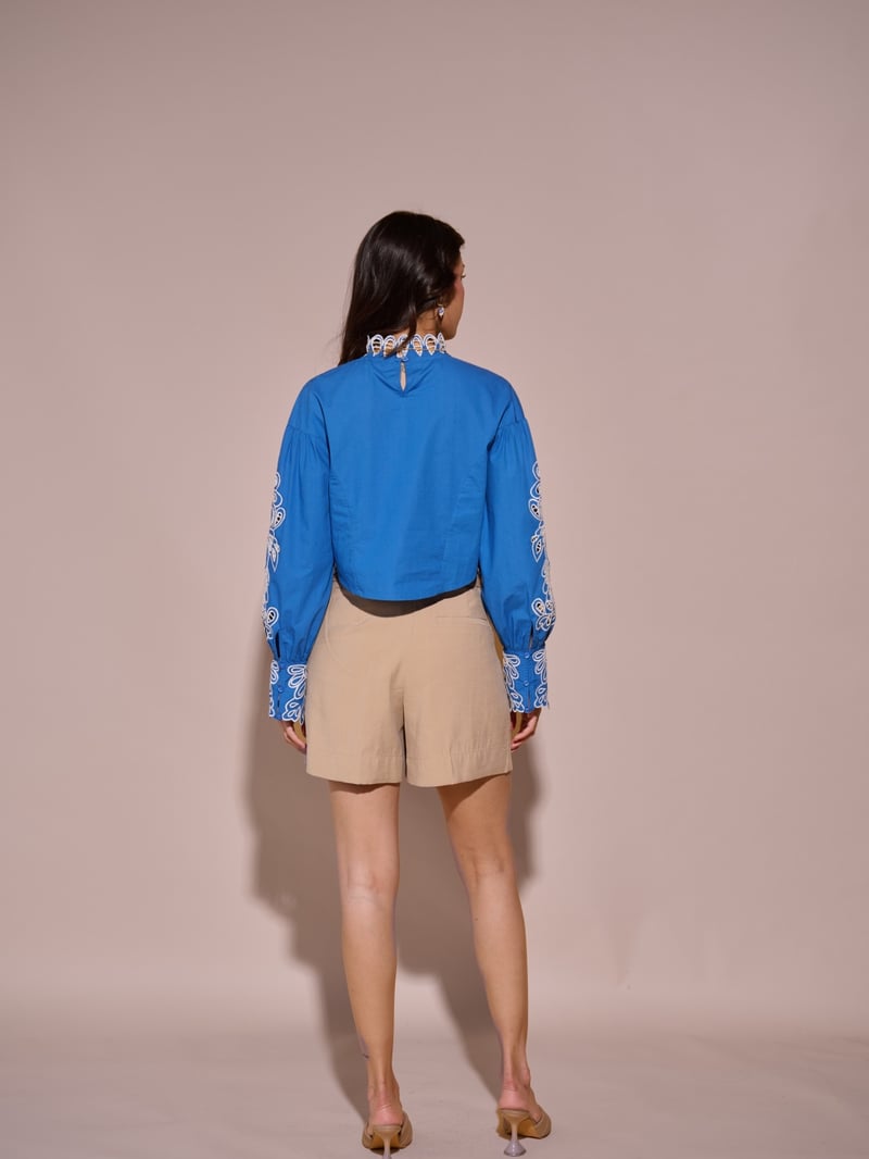 Blue Cotton Cutwork Embroidered Crop Top