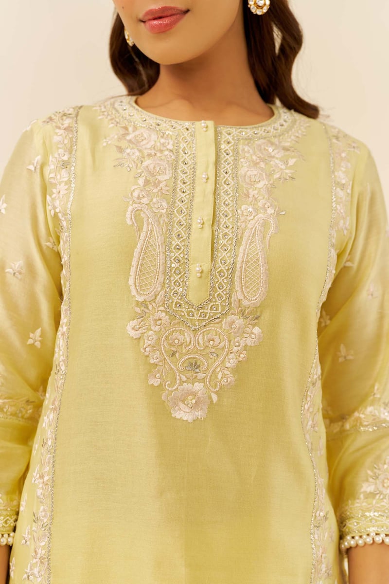 Lemon Yellow Embroidered Kurta and Dhoti Set