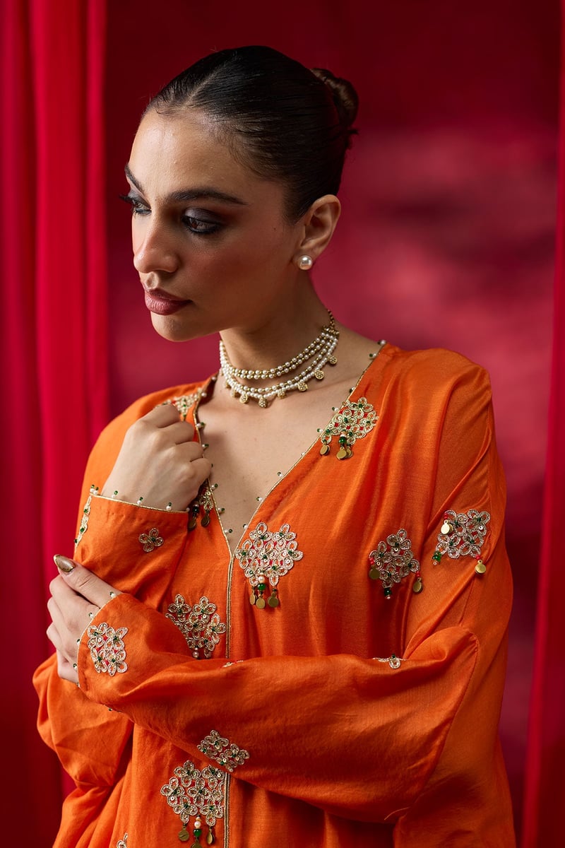 Orange Silk Chanderi Embroidered Kaftan Set