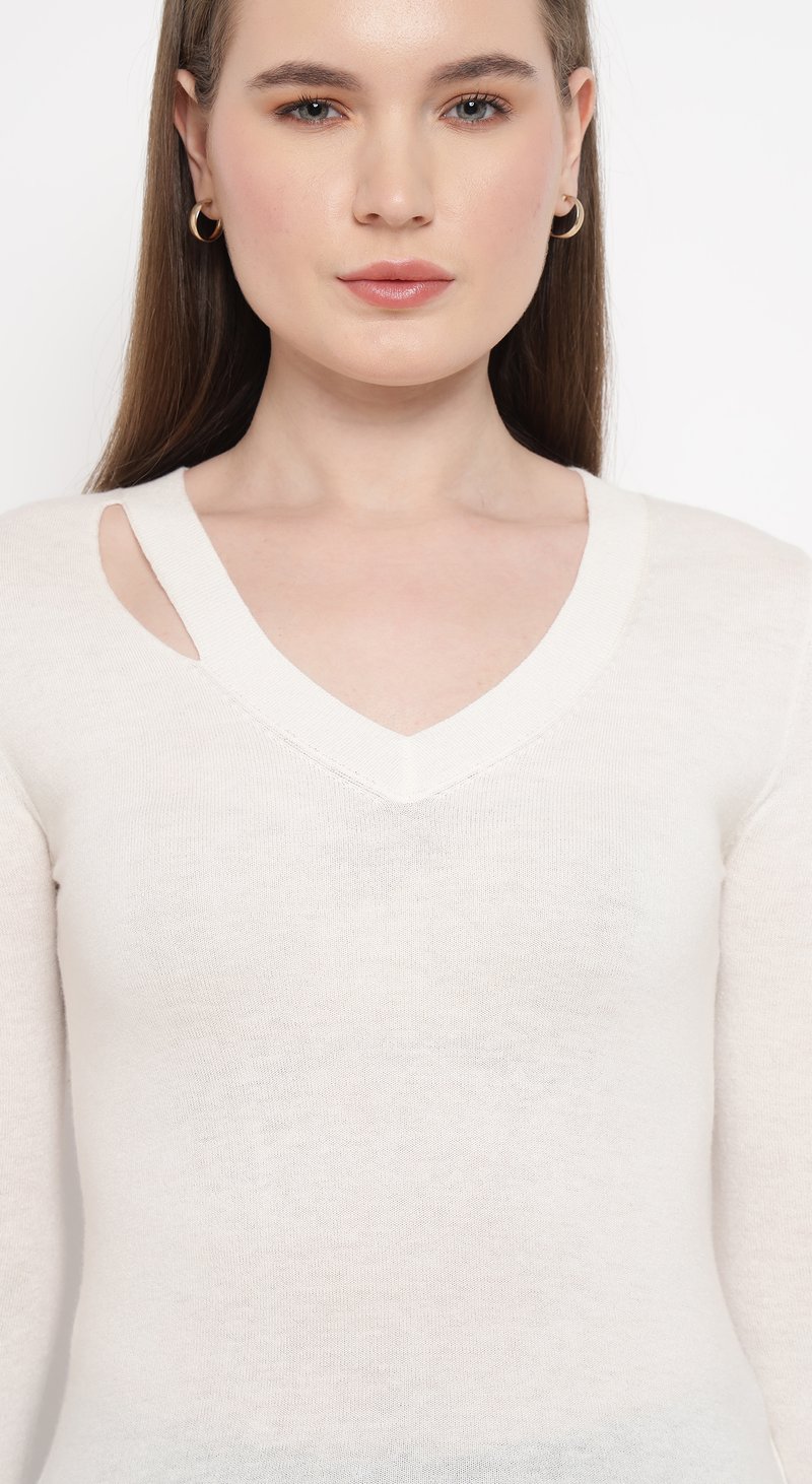 Light Beige V-Neck Slim Fit Sweater with Shoulder Cut-Out