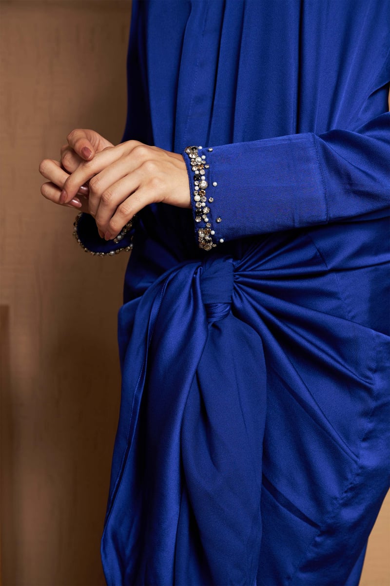 Royal Blue Crepe Satin Wrap Midi Dress with Embellished Collar