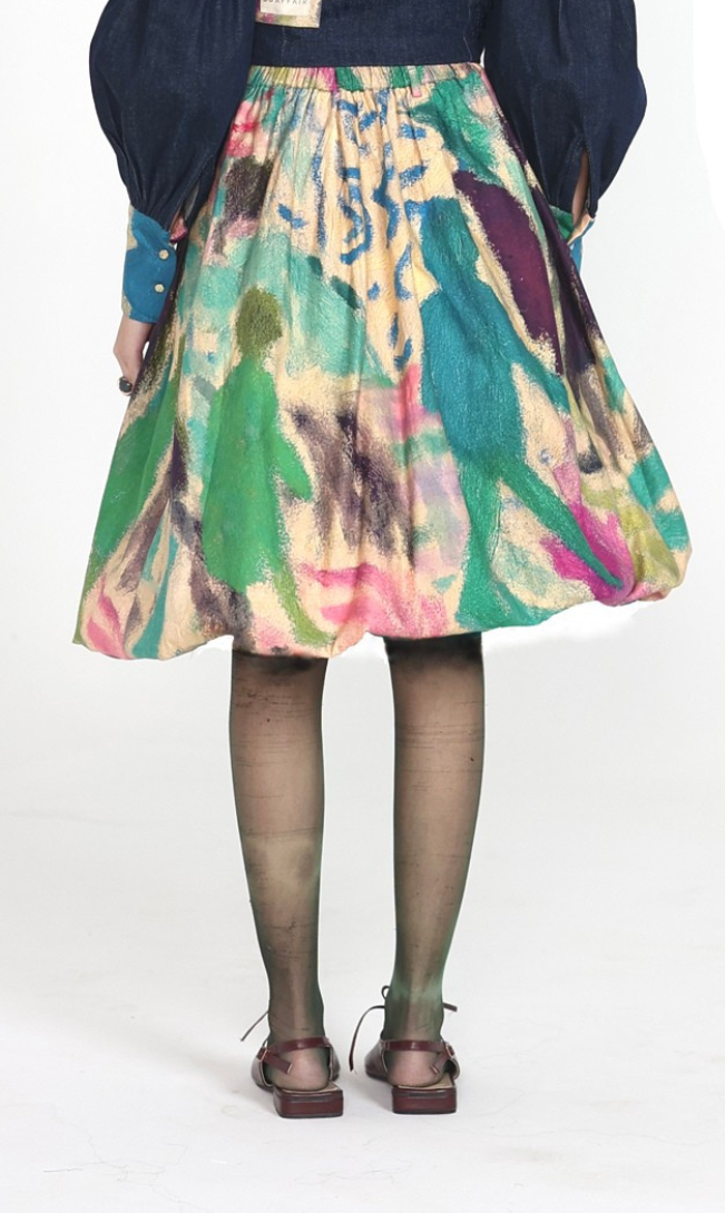 Multicolor Abstract Printed Bubble Midi Skirt