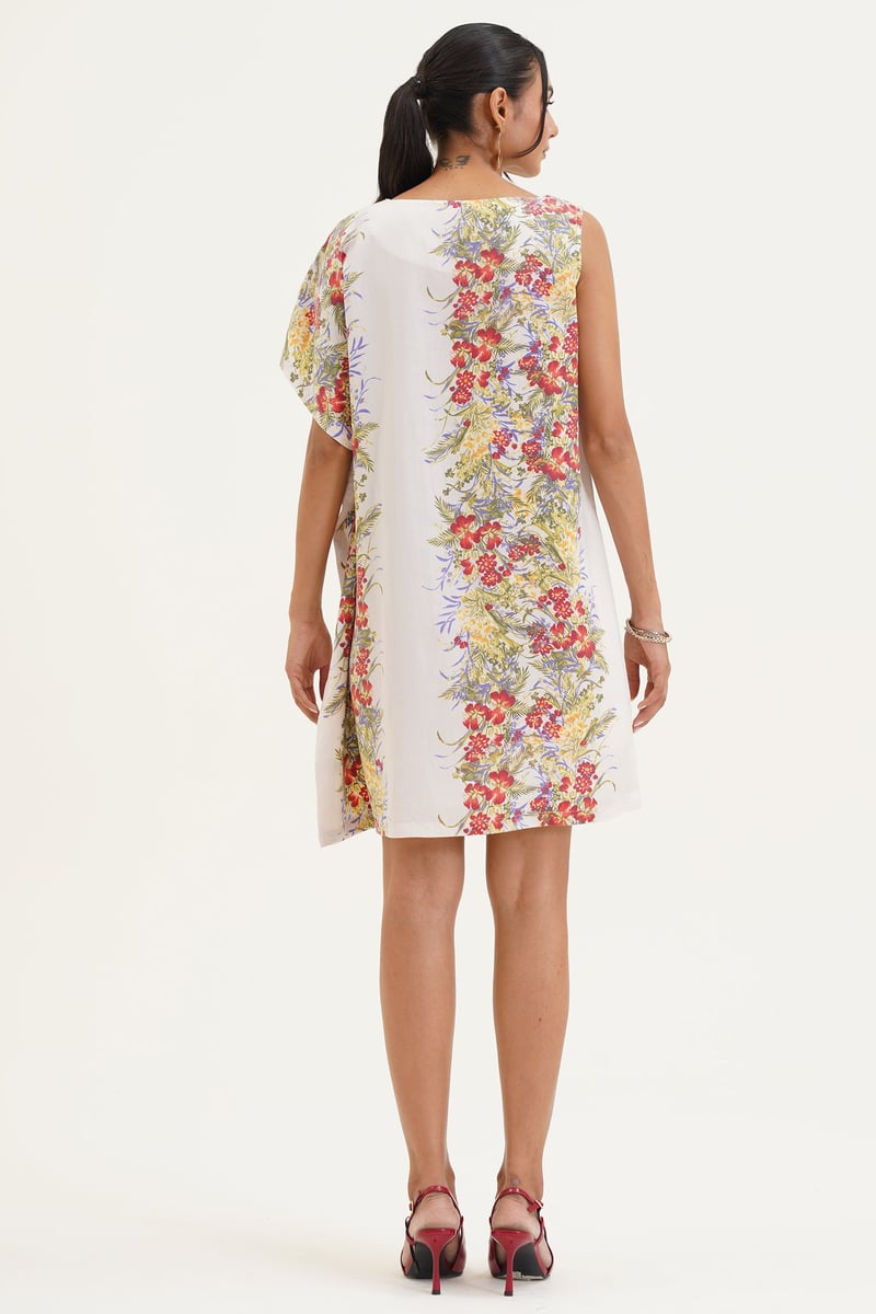 Ivory Tropical Print Mini Shift Dress