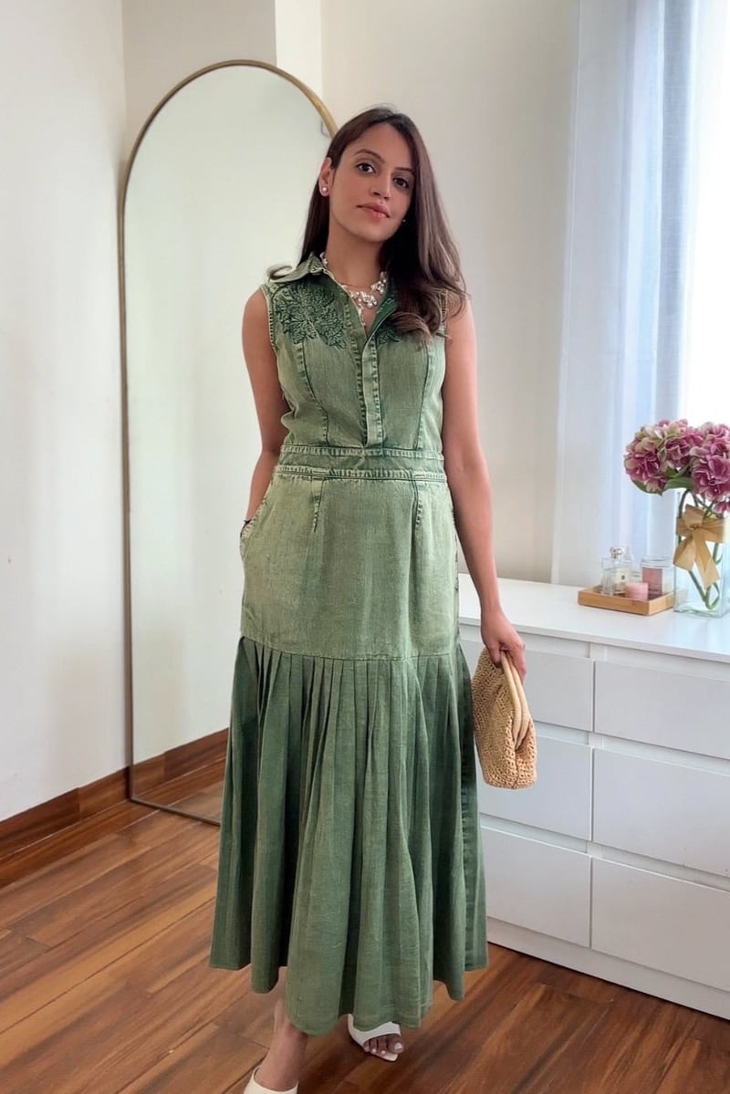 Olive Green Denim Tiered Maxi Shirt Dress with Yoke Embroidery