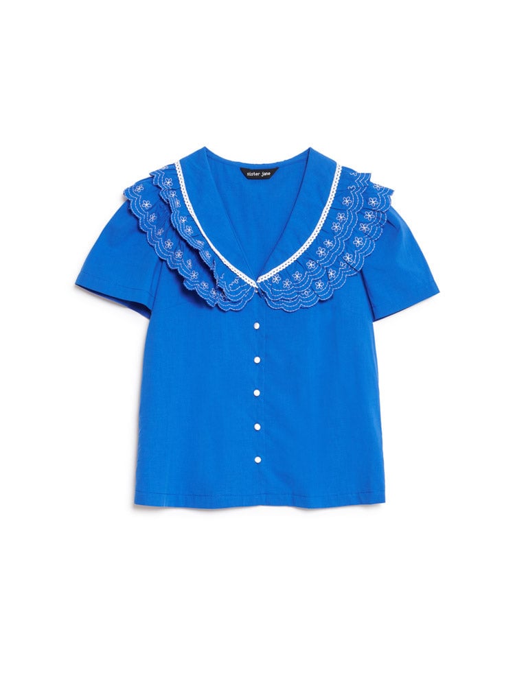 Cobalt Blue Embroidered Ruffle Collar Button-Down Blouse