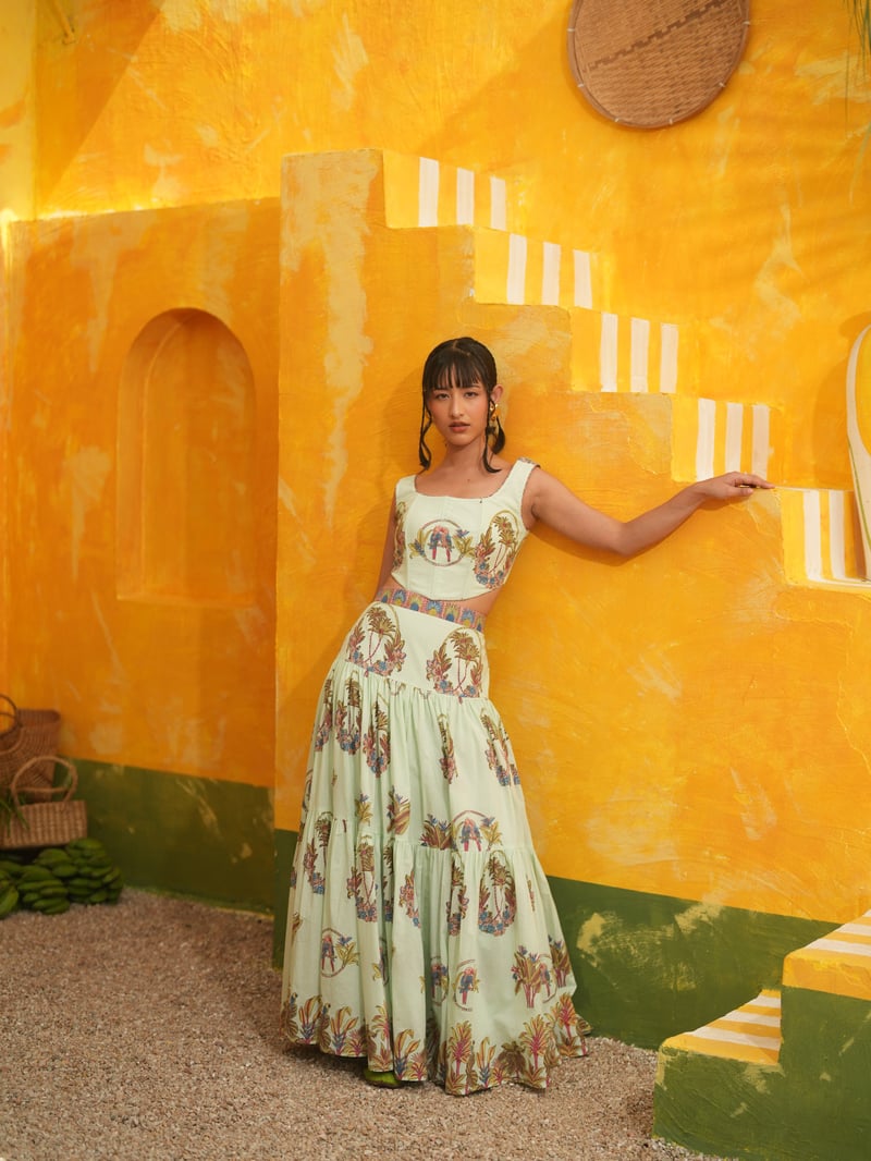 Cool Mint Tropical Corset Top and Tiered Maxi Skirt Set