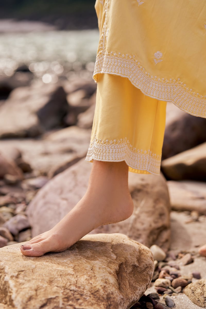 Yellow Cotton Embroidered Straight Kurta Set with Dupatta
