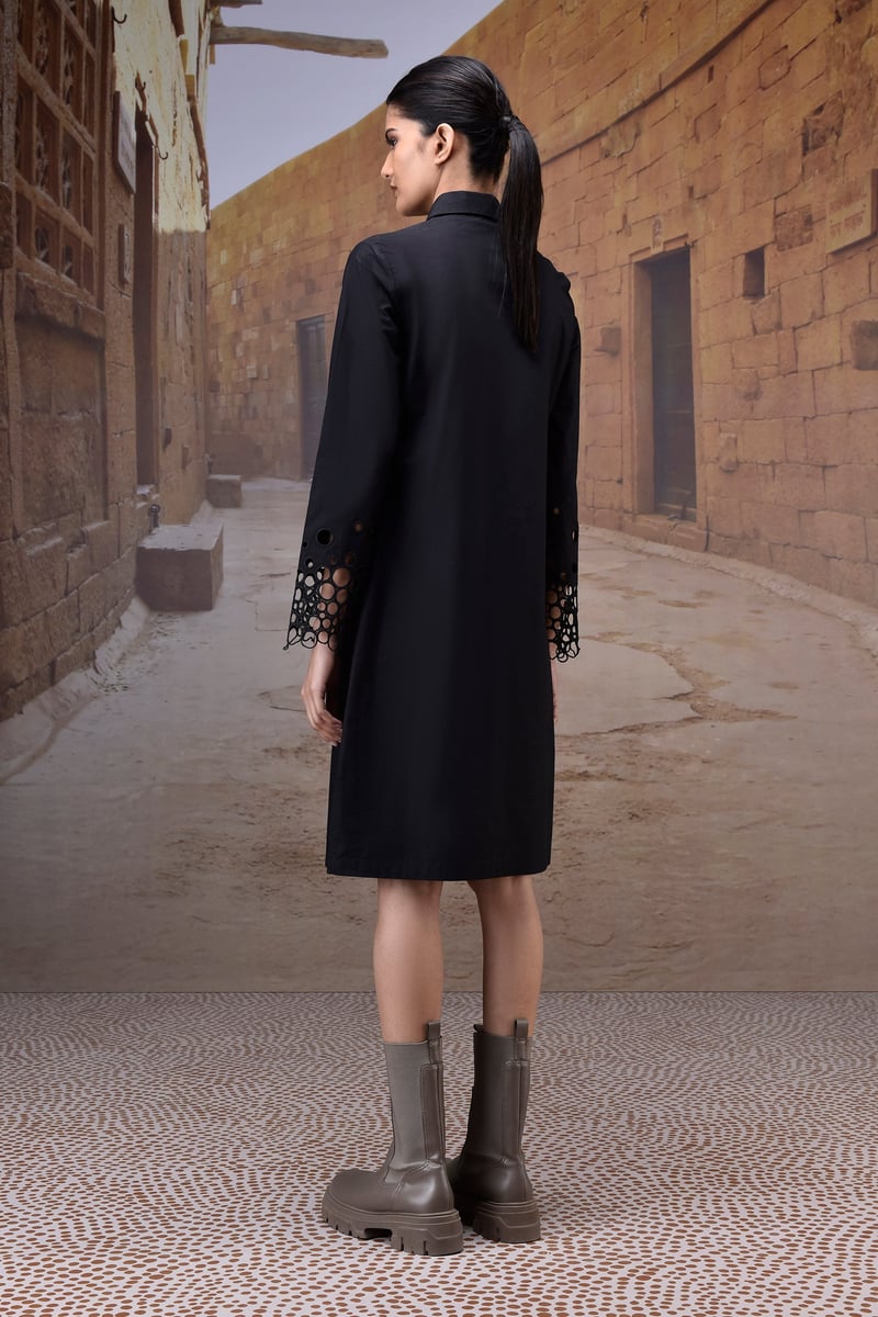 Black Poplin Midi Shirt Dress with Cutwork Sleeves