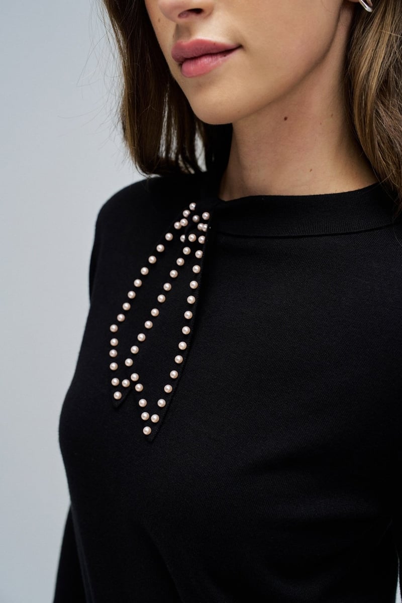 Black Knit Sweater with Pearl Bow Neckline