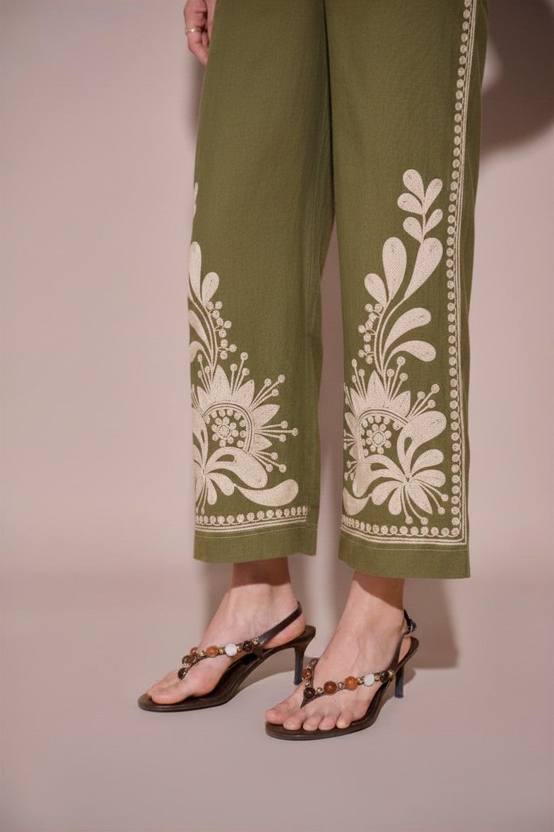 Green Linen Wide-Leg Trousers with Placement Print