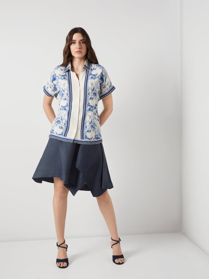 Cream and Navy Floral Border Print Cotton-Linen Shirt