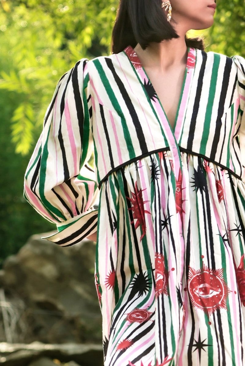 White/Green Striped Printed Puff Sleeve Mini Dress
