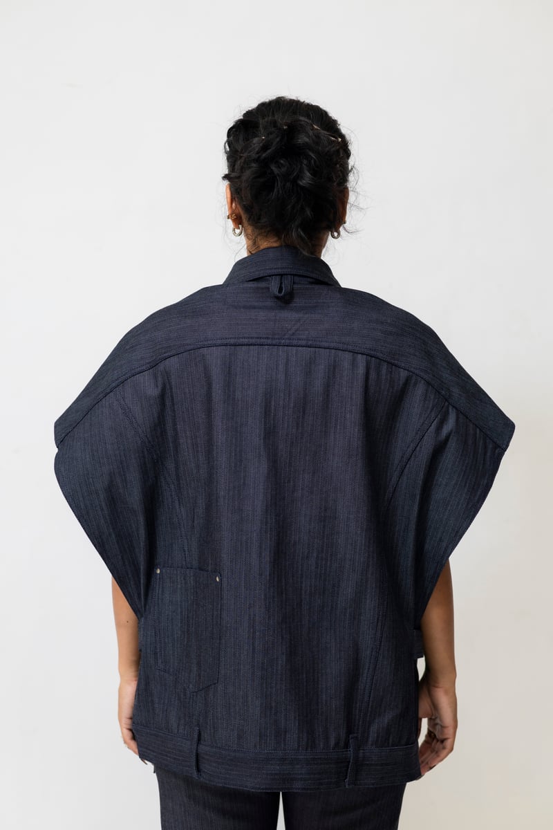 Navy Blue Oversized Herringbone Denim Utility Jacket