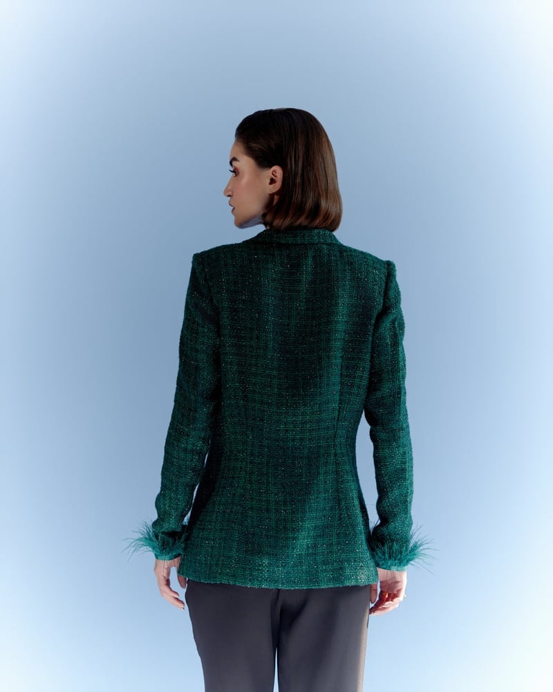 Deep Green Checked Tweed Blazer with Pearl Buttons