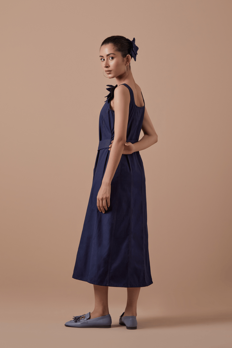 Navy Button-Front Belted Midi Dress with Flower Detail