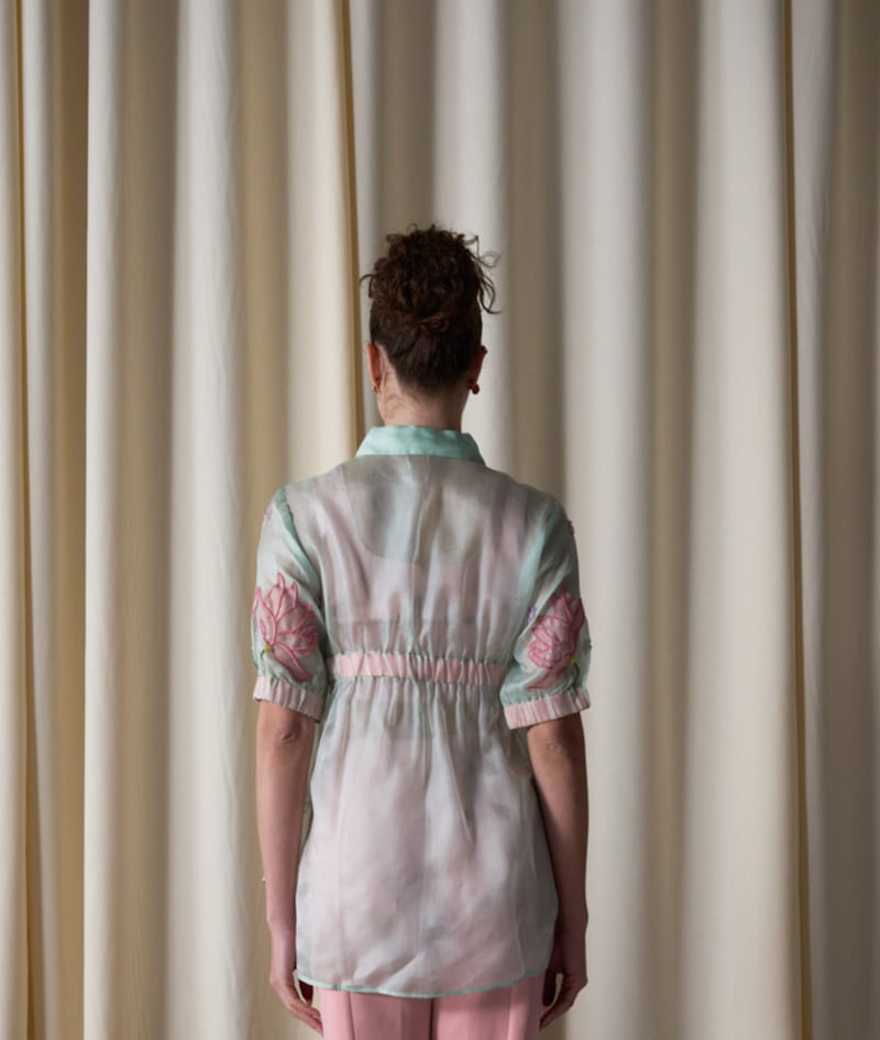 Mint Green Translucent Organza Embroidered Button-Down Top