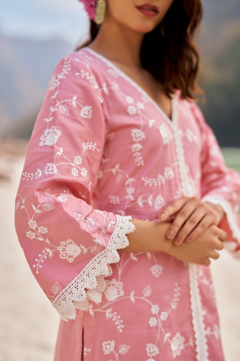 Pink Cotton Embroidered Kurta Set with Lace Trim