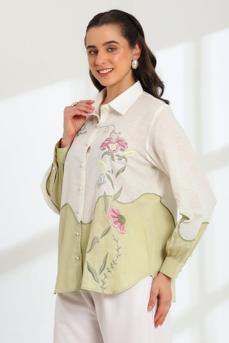 Off White and Sage Colorblocked Embroidered Shirt