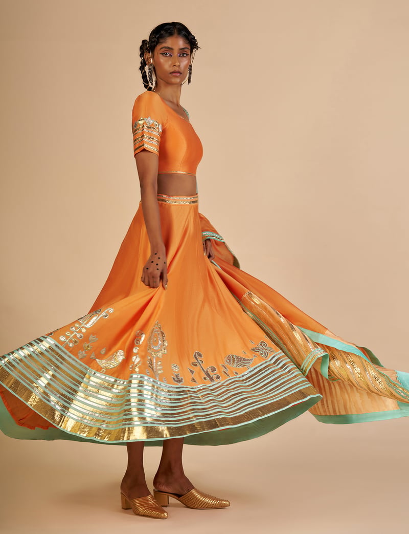 Orange Silk Chanderi Maxi Skirt with Aqua Gota Border