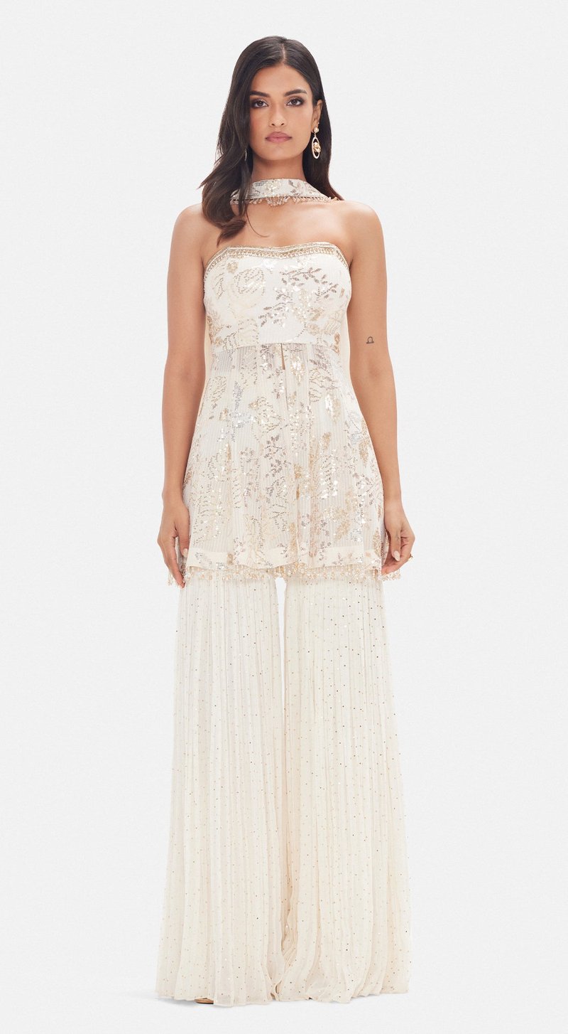 Ivory Georgette Off-Shoulder Peplum Sharara Set