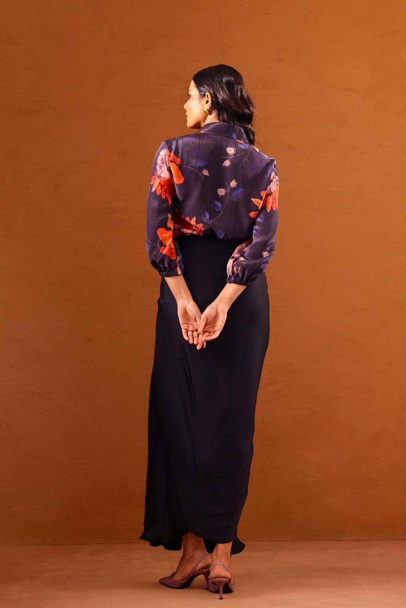 Printed Shirt and Draped Maxi Skirt Co-ord Set