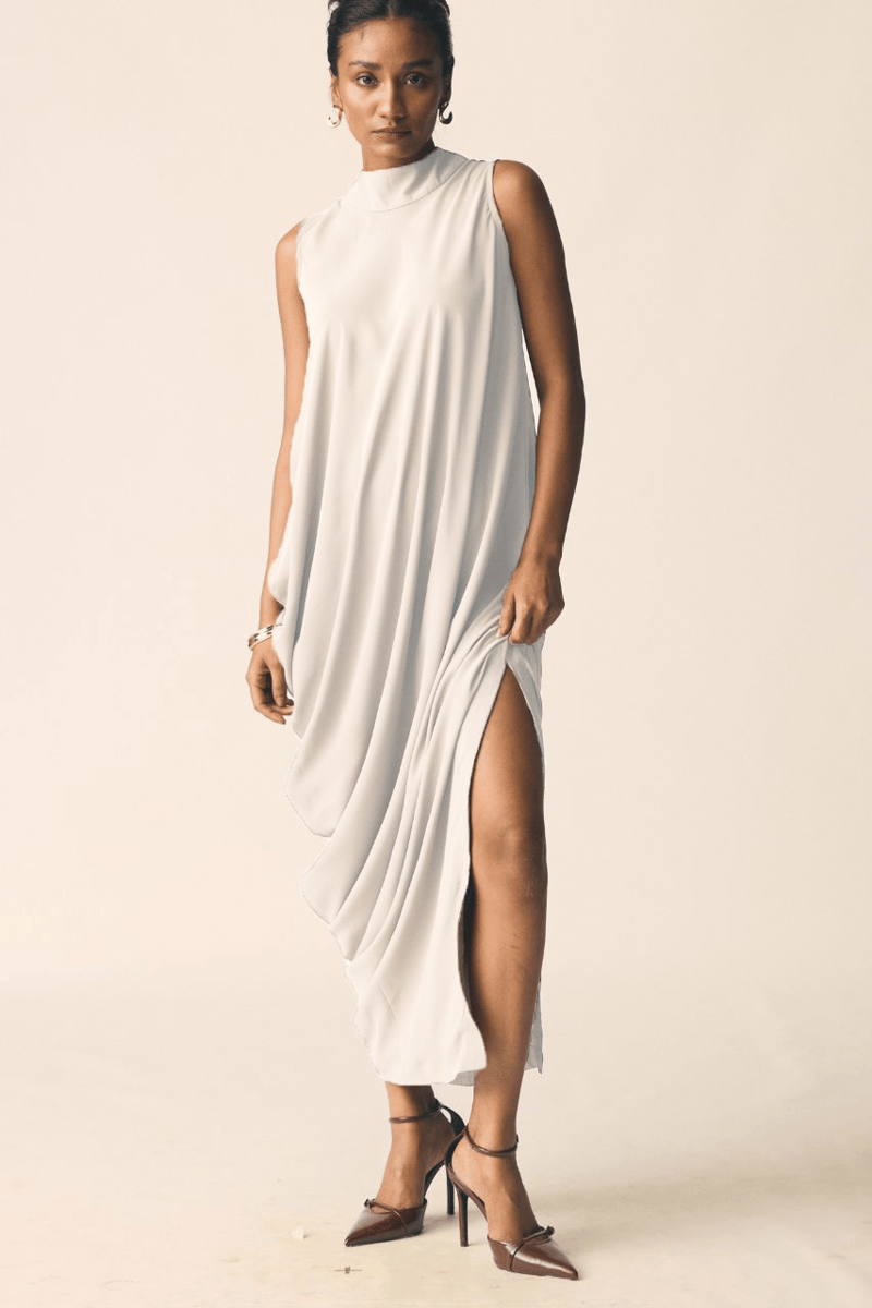 White High Neck Asymmetrical Drape Maxi Dress