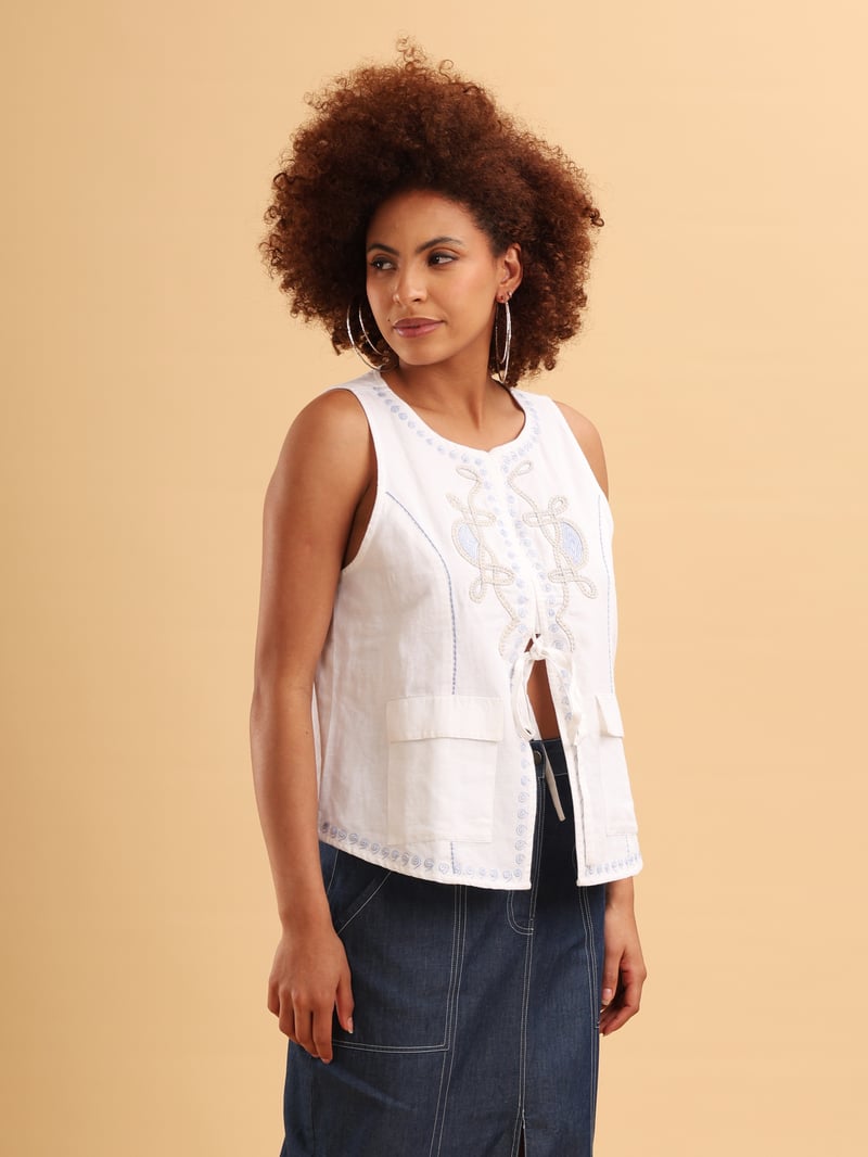 White Embroidered Tie-Up Vest Top with Patch Pockets