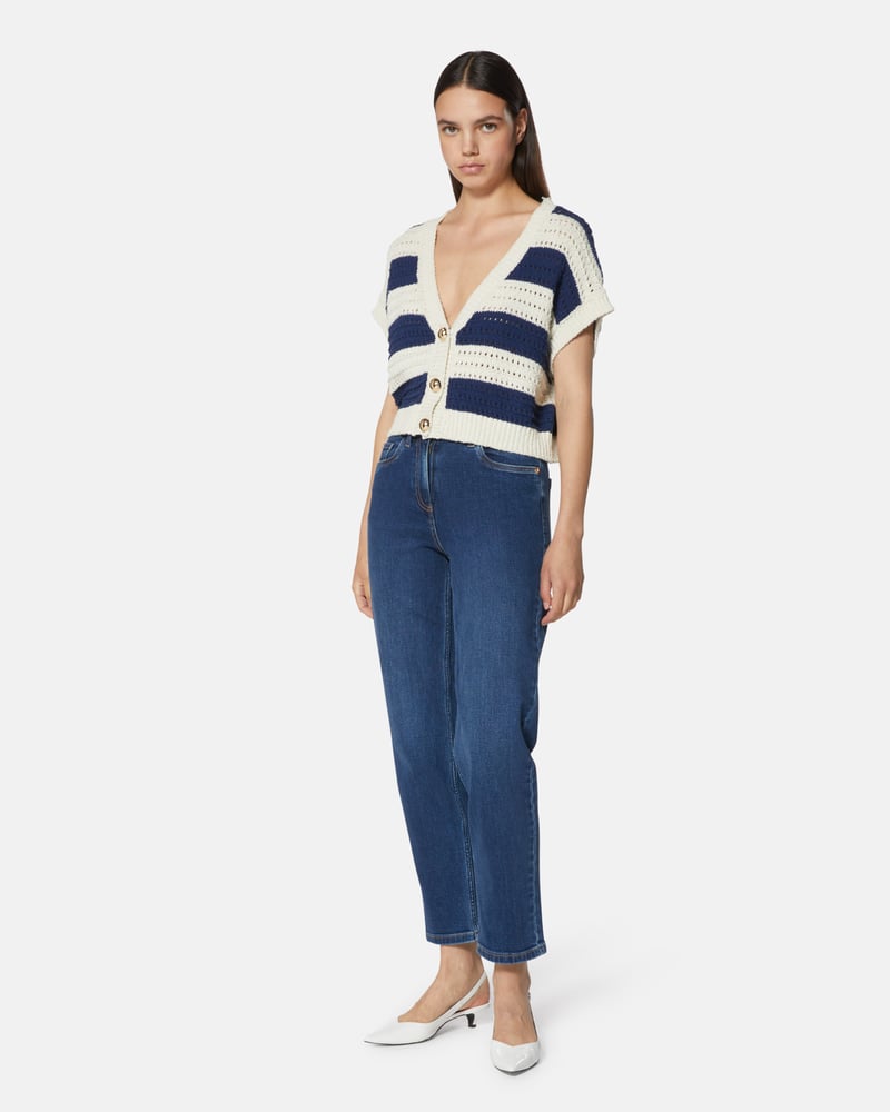 Cropped Navy and Off-White Striped Openwork Cardigan
