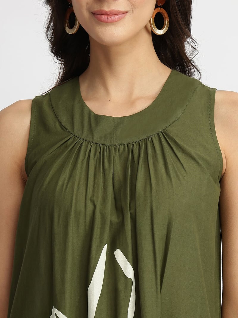 Olive Cotton Floral Placement Print A-Line Midi Dress