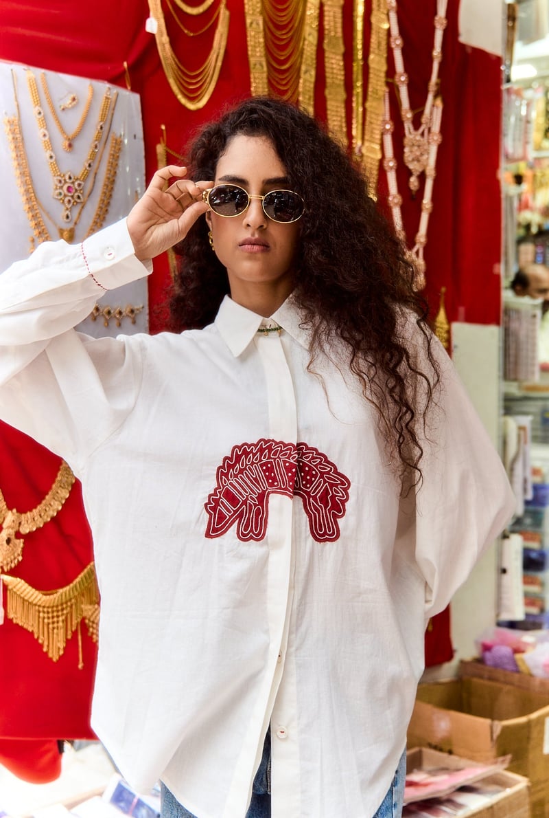 Off-White Longline Button-Down Shirt with Red Motif