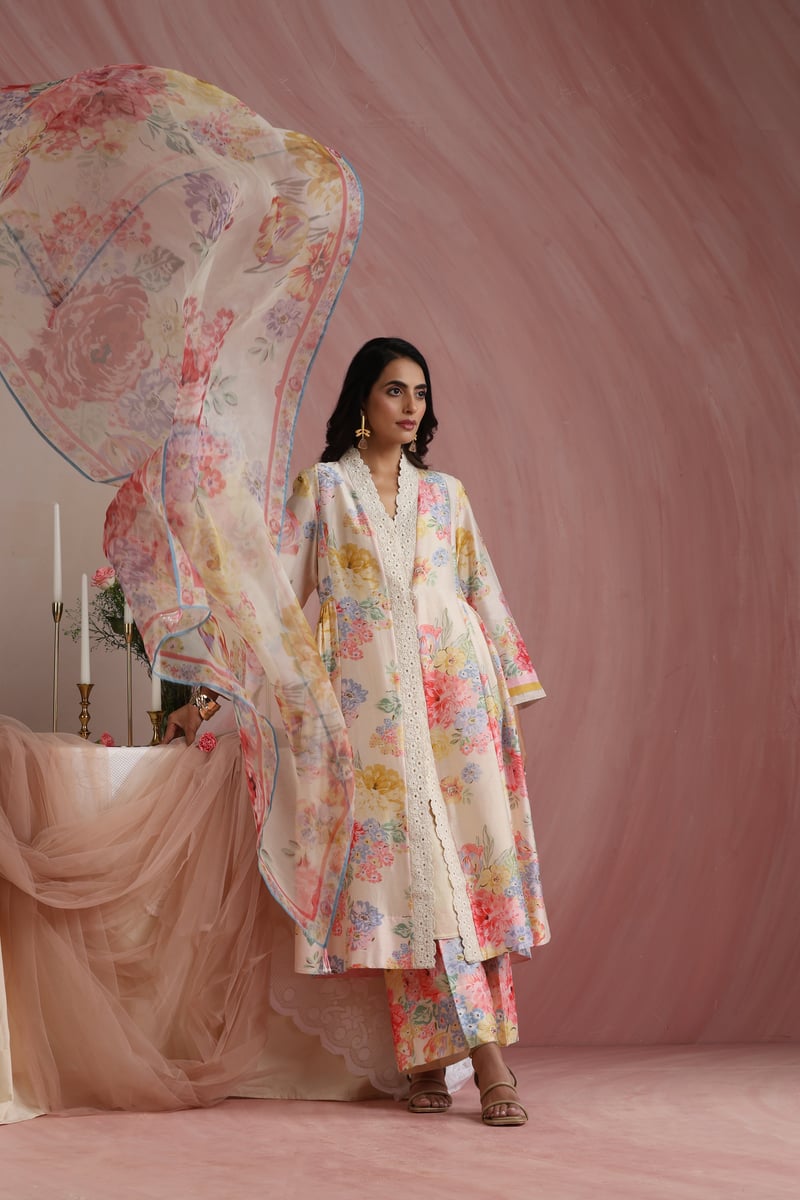 Ivory Floral Printed A-Line Kurta Set with Wide-Leg Trousers