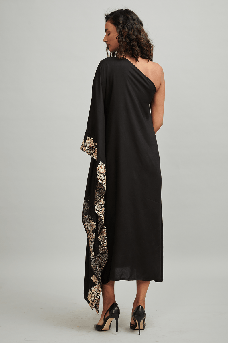 Black One-Shoulder Embroidered Border Kaftan Dress