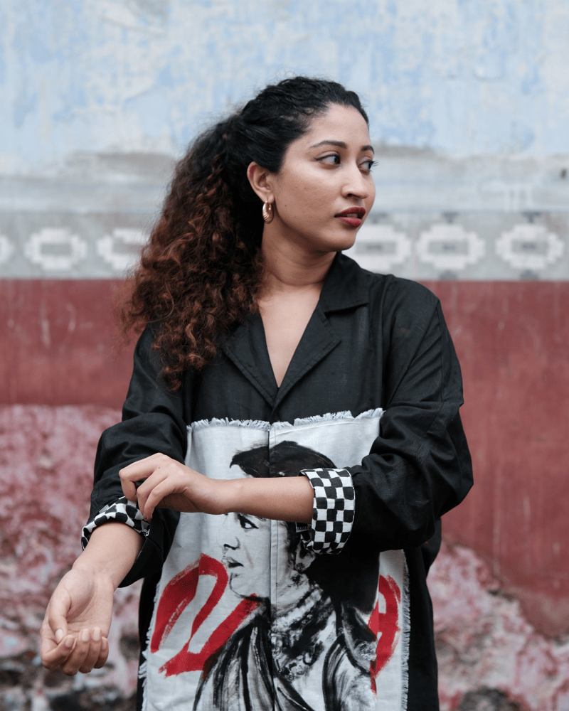 Black Linen-Cotton Midi Shirt Dress with Graphic Panel