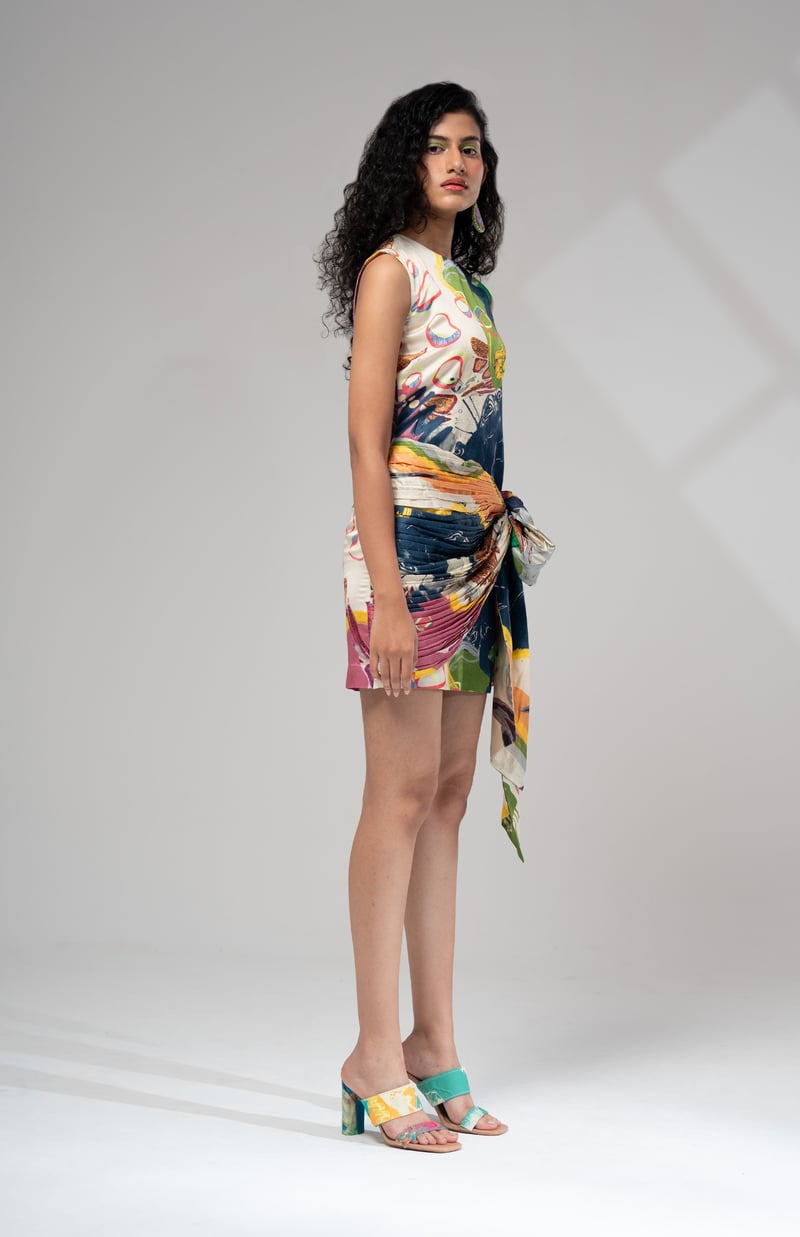 Multicolour Abstract Printed Tie-Up Mini Dress