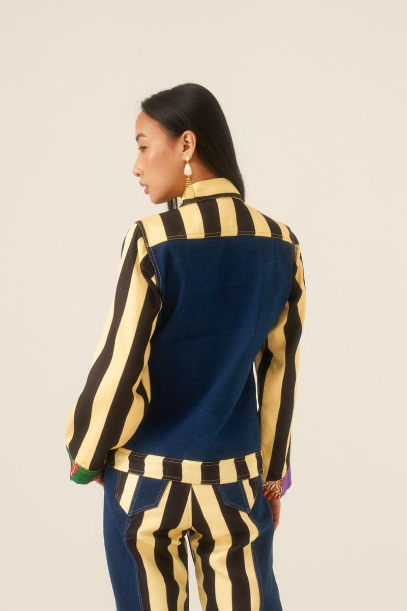 Multicolor Patchwork Denim Jacket with Striped Sleeves