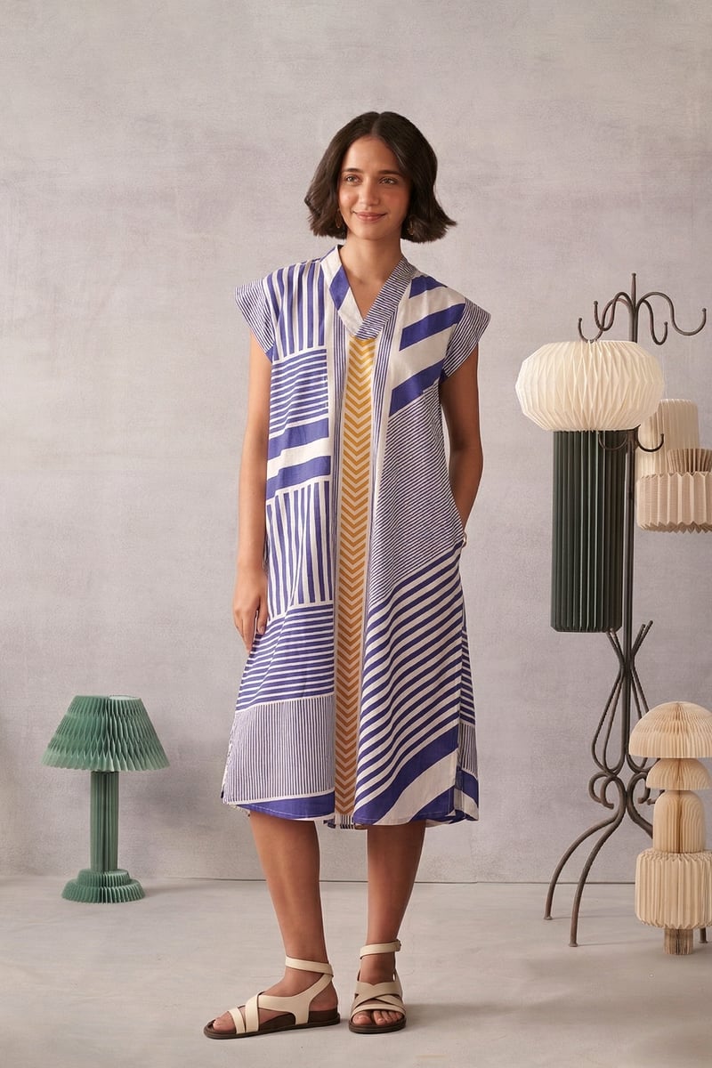 Multicolor Striped A-Line Midi Dress with V-Neck — ROHO