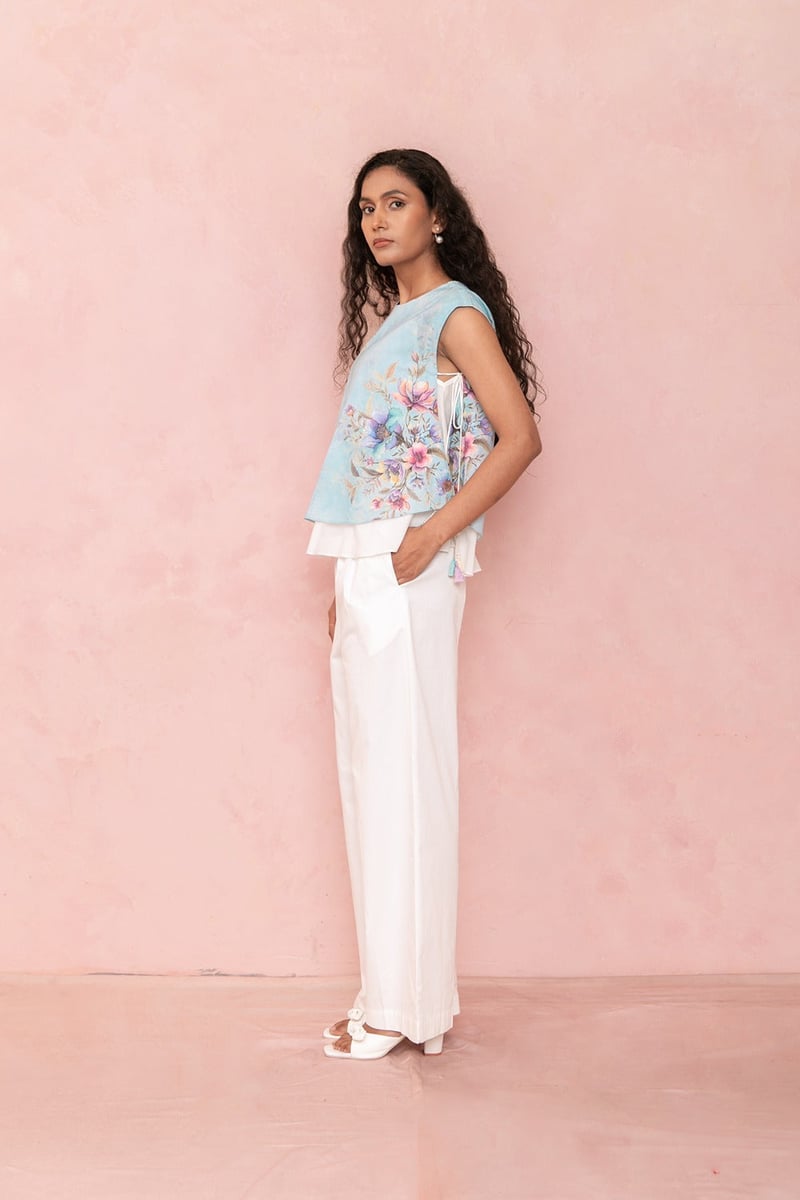 Blue Floral Printed Layered Hem Tunic Top