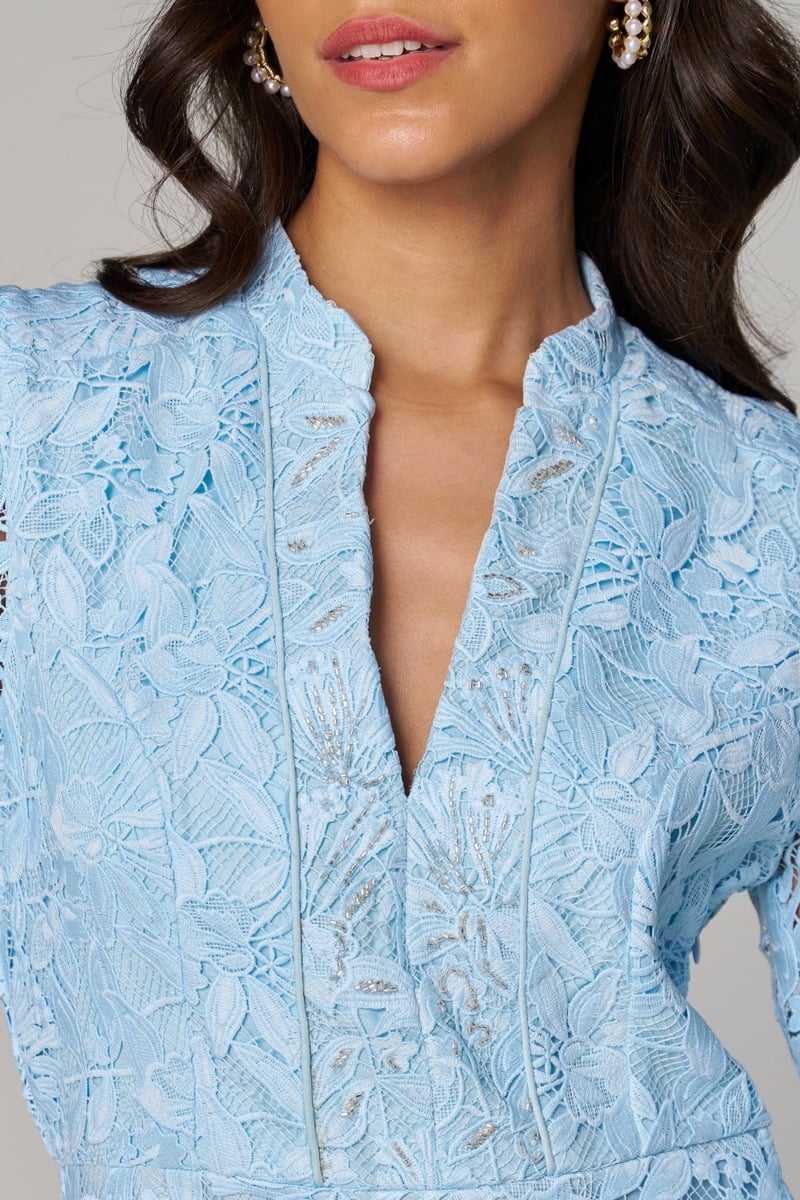 Blue Lace Fit and Flare Mini Dress with Bishop Sleeves