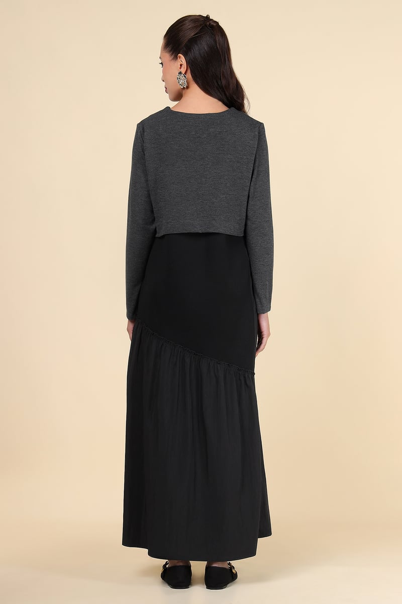 Black and Grey Layered-Look V-Neck Maxi Dress